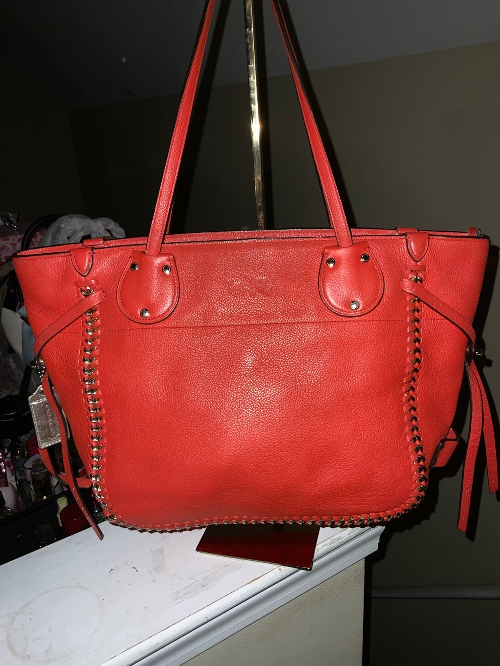 Coach Red Leather Tote with Whipstitch Trim